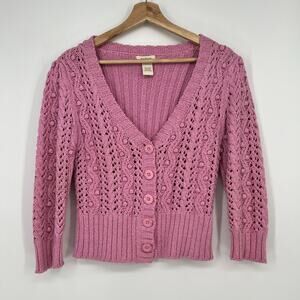 Sundance Catalog Pointelle Ball Knit Cardigan Womens S Pink Cotton Linen Blend